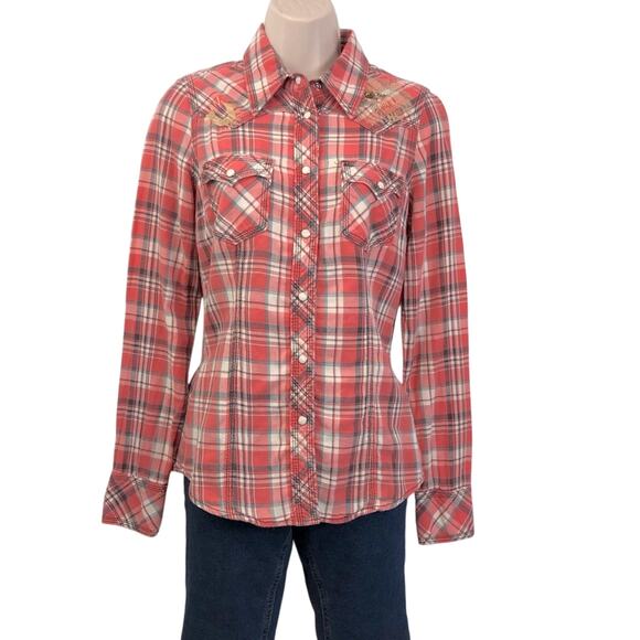 Y2k True Religion Fresh Peach Plaid Button Down Shirt Western Styling Gold Logo - Picture 14 of 16